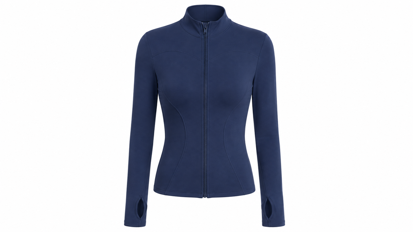 Fierce Ember™ Elevate women’s gym jacket in Steel Blue with sculpting seams, full zip, high collar and thumb-hole sleeves.
