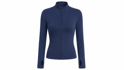 Fierce Ember™ Elevate women’s gym jacket in Steel Blue with sculpting seams, full zip, high collar and thumb-hole sleeves.
