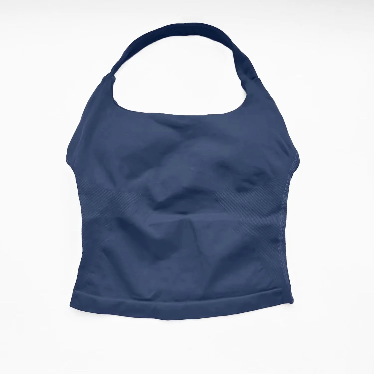 Fierce Ember™ Elevate Halter Training Top in Blue Grey shown laid flat on a white background, highlighting the halter neckline, fitted silhouette, smooth stretch fabric and clean hem finish.