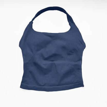 Fierce Ember™ Elevate Halter Training Top in Blue Grey shown laid flat on a white background, highlighting the halter neckline, fitted silhouette, smooth stretch fabric and clean hem finish.