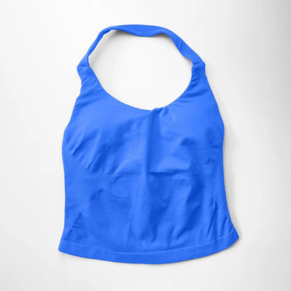 Fierce Ember™ Elevate Halter Training Top in Electric Blue shown laid flat on a white background, highlighting the halter neckline, fitted silhouette, smooth stretch fabric and clean hem finish.
