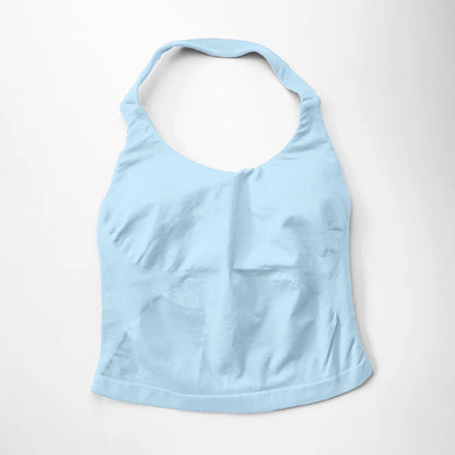Fierce Ember™ Elevate Halter Training Top in Ice Blue shown laid flat on a white background, highlighting the halter neckline, fitted silhouette, smooth stretch fabric and clean hem finish.