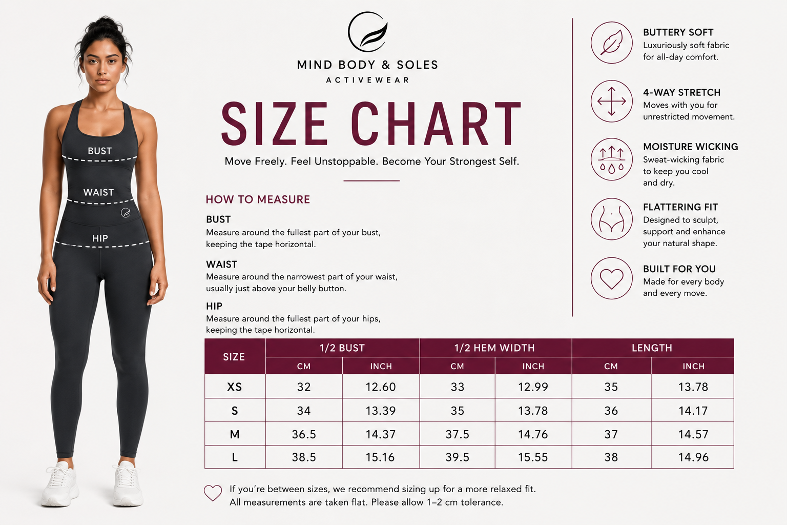Fierce Ember™ Elevate women’s halter training top size chart showing XS–L flat garment measurements for half bust, half hem width and length in centimetres and inches, with Mind Body & Soles measuring guidance.