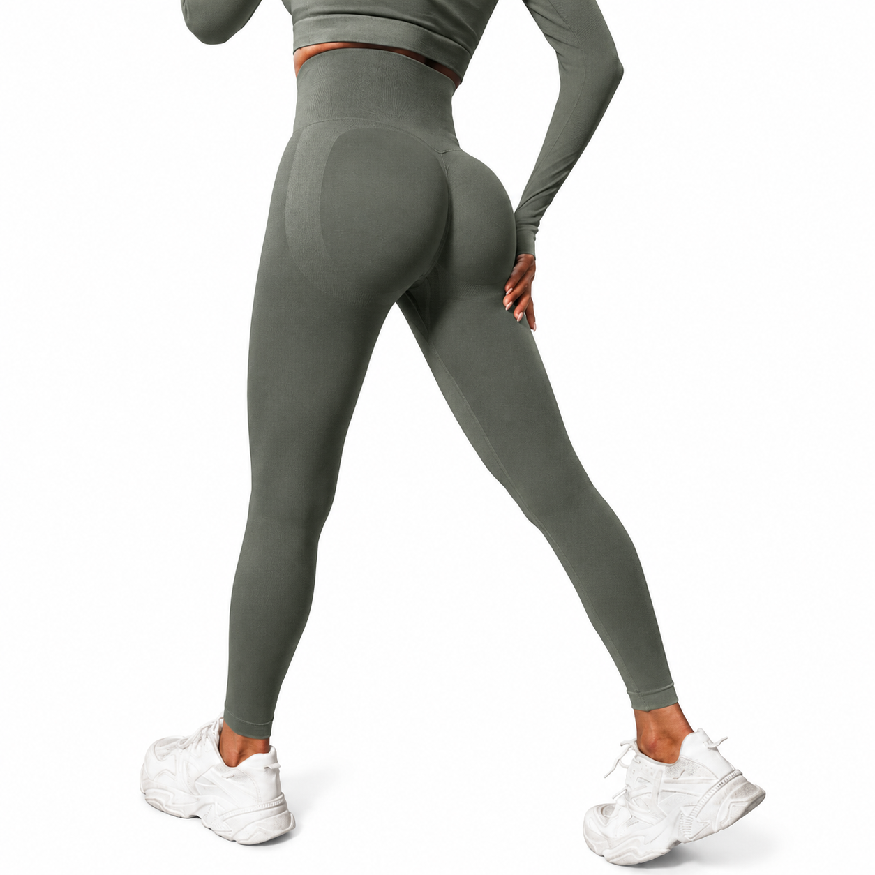 Close-up rear view of Fierce Ember Signature Leggings in charcoal grey, showcasing the seamless sculpting design, high-waisted fit and contour-enhancing performance fabric.