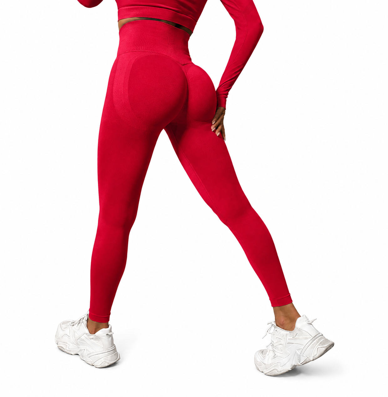 Close-up rear view of Fierce Ember Signature Leggings in flame red, showcasing the seamless sculpting design, high-waisted fit and contour-enhancing performance fabric.