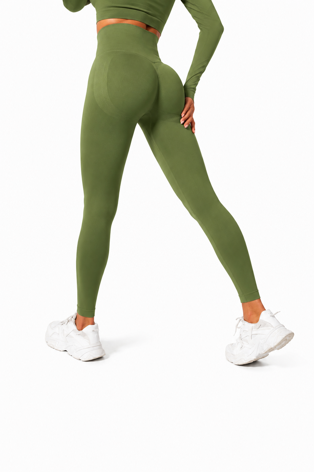 Close-up rear view of Fierce Ember Signature Leggings in olive, showcasing the seamless sculpting design, high-waisted fit and contour-enhancing performance fabric.
