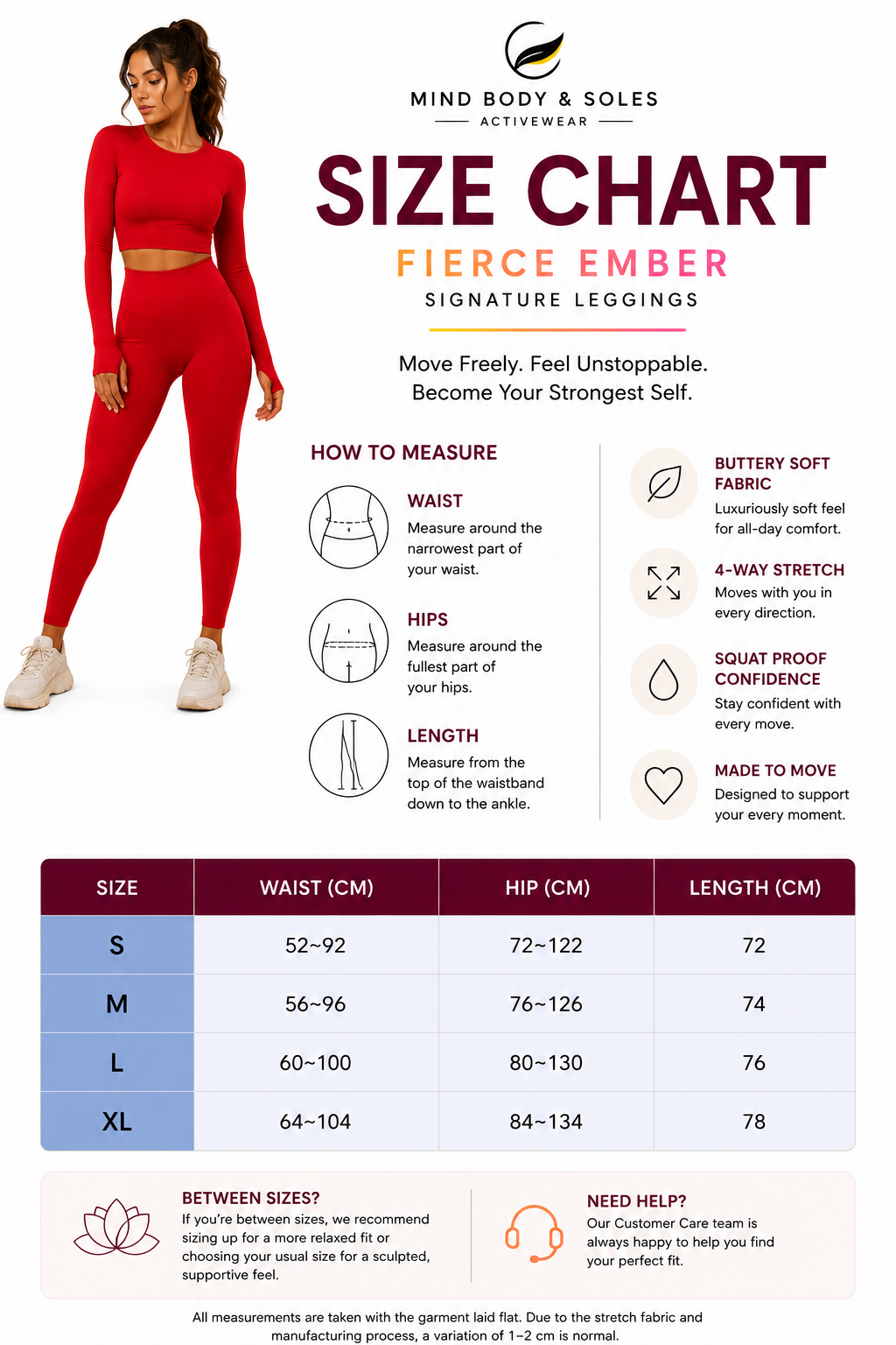 Mind Body and Soles Fierce Ember Signature Leggings size chart featuring body measurements, sizing guide, fabric benefits, and fit information for seamless high-waisted activewear.