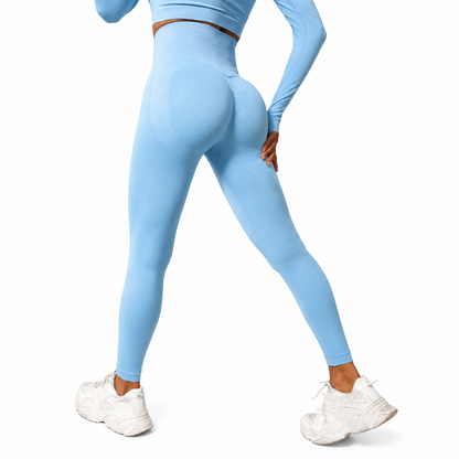 Close-up rear view of Fierce Ember Signature Leggings in sky blue, showcasing the seamless sculpting design, high-waisted fit and contour-enhancing performance fabric.