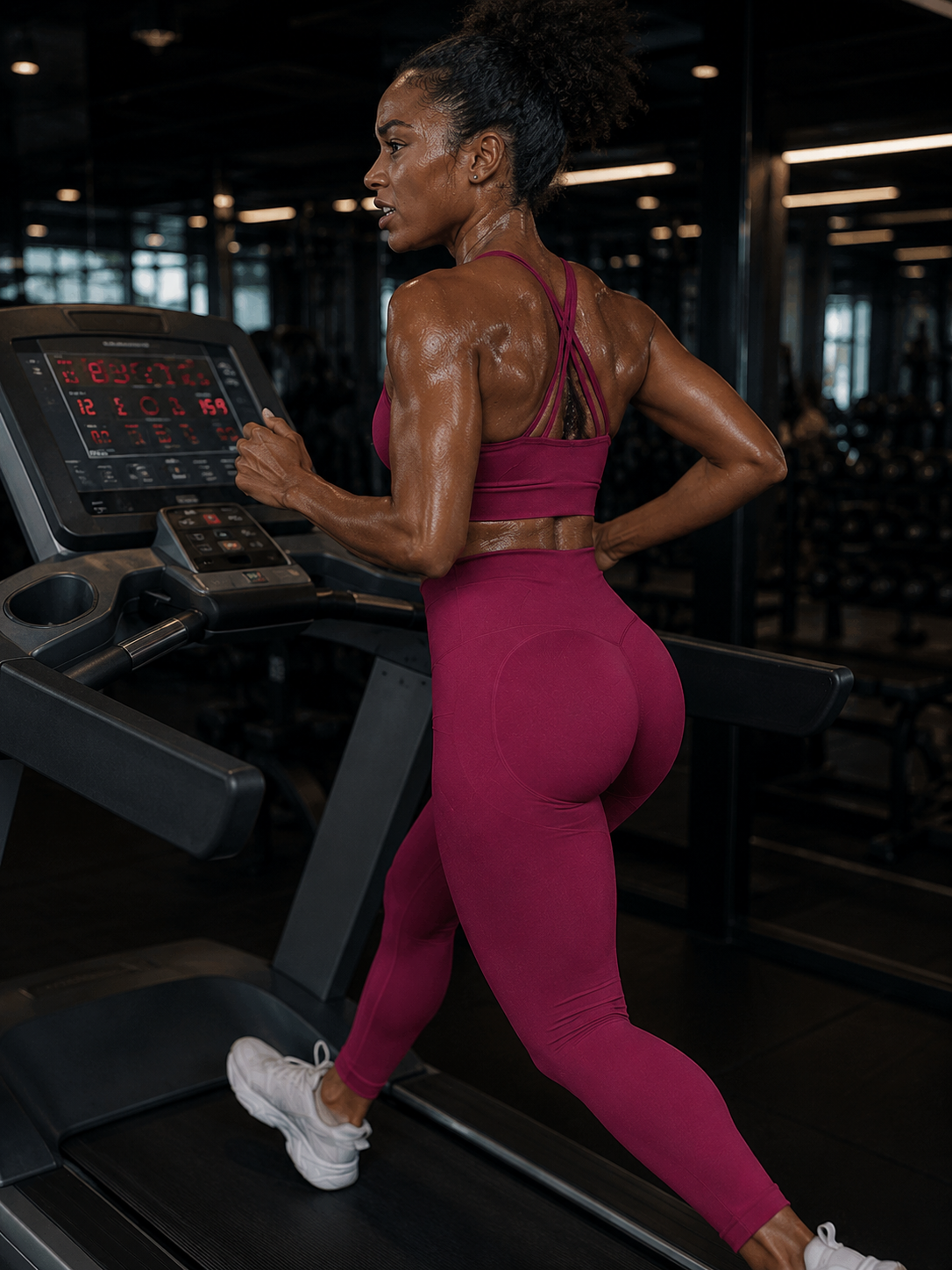 Woman wearing Fierce Ember Signature Leggings in deep berry running on a treadmill in a modern gym, showcasing seamless high-waisted activewear designed for cardio, strength training and performance.