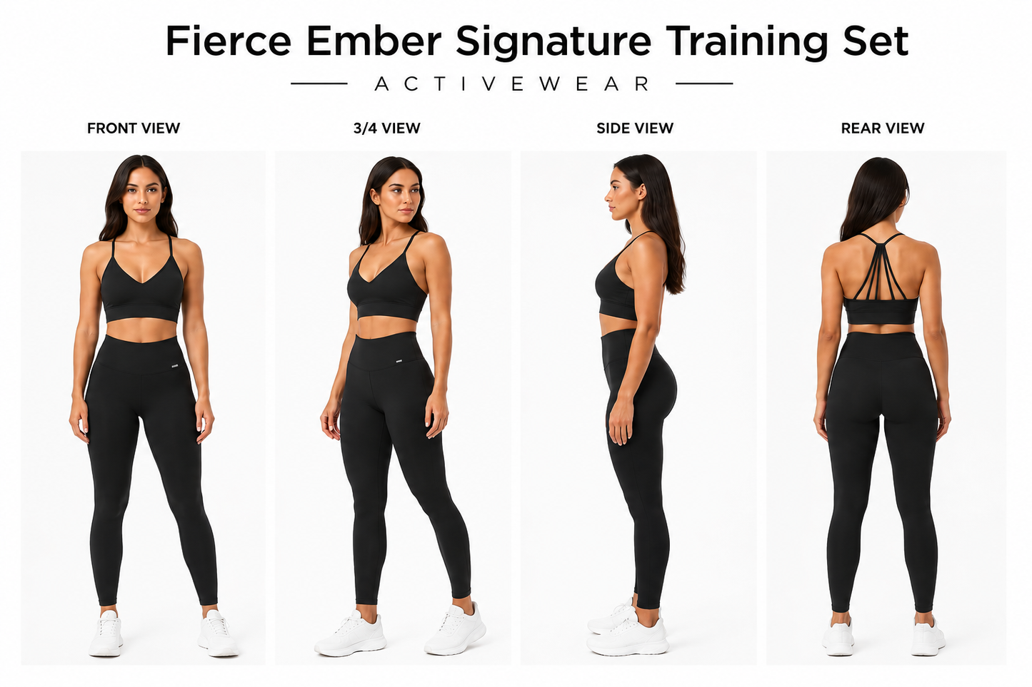 Mind Body and Soles Fierce Ember Signature Training Set in black featuring front, 3/4, side and rear views of the seamless high waisted leggings and matching strappy sports bra.
