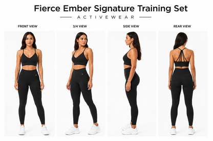 Mind Body and Soles Fierce Ember Signature Training Set in black featuring front, 3/4, side and rear views of the seamless high waisted leggings and matching strappy sports bra.