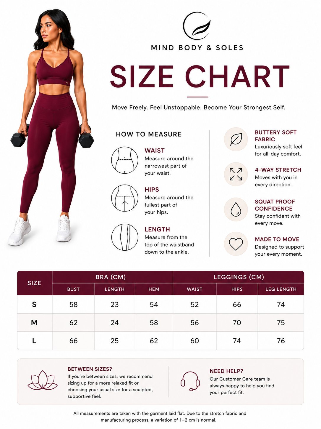 Mind Body and Soles Fierce Ember Signature Training Set size chart showing sports bra and leggings measurements, fitting guide and body measurement instructions.
