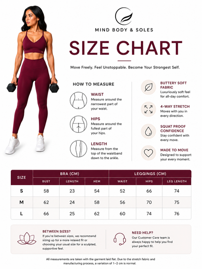 Mind Body and Soles Fierce Ember Signature Training Set size chart showing sports bra and leggings measurements, fitting guide and body measurement instructions.