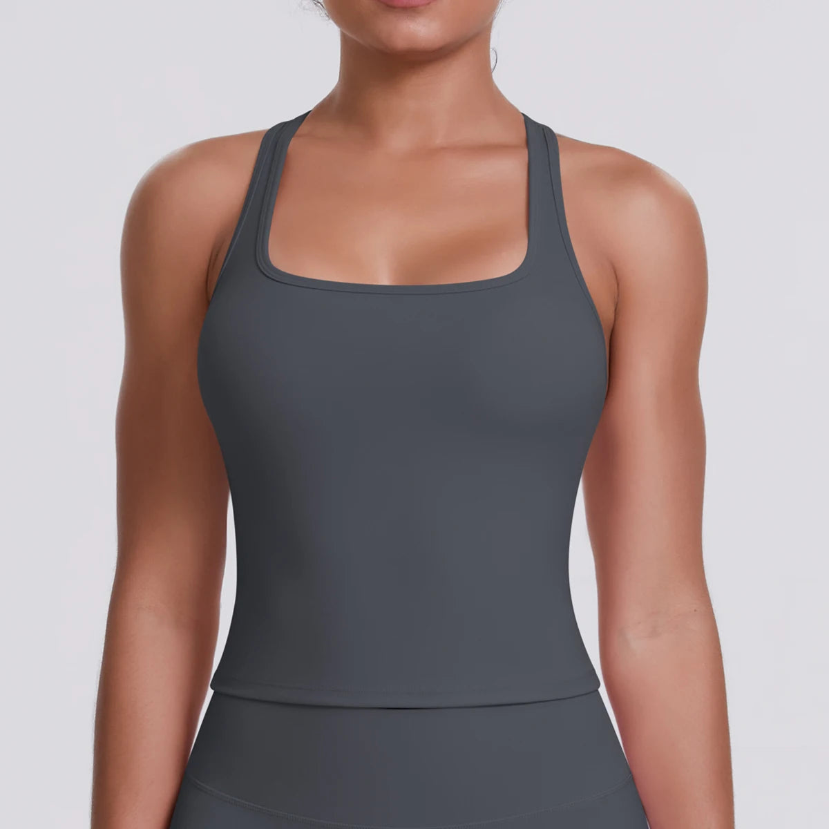 Close-up of the Fierce Ember Define™ Square Neck Tank in Slate Grey, showcasing the flattering square neckline and supportive fit.