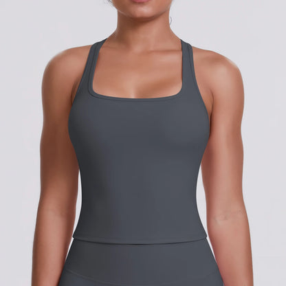 Close-up of the Fierce Ember Define™ Square Neck Tank in Slate Grey, showcasing the flattering square neckline and supportive fit.