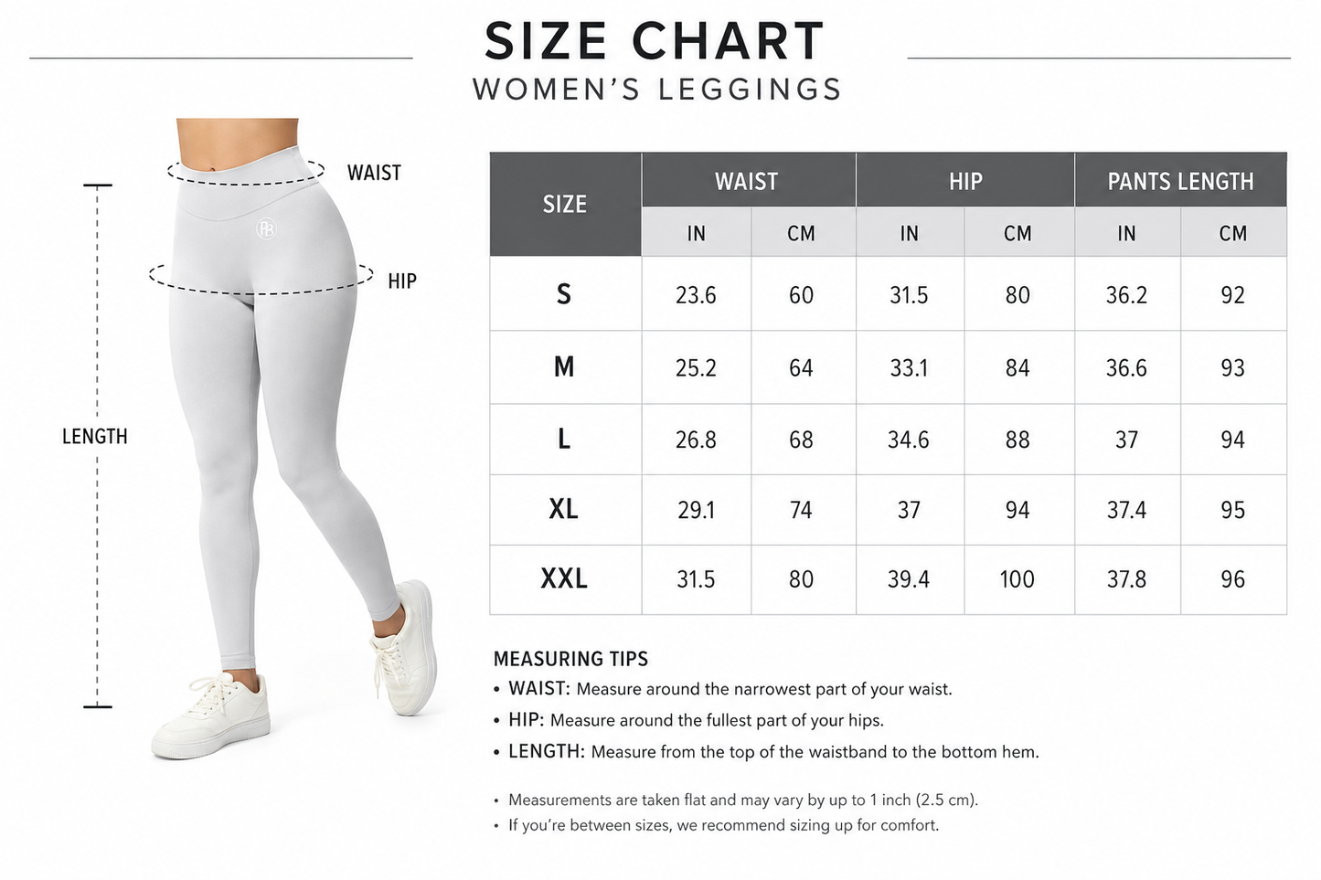 Mind Body and Soles Fierce Ember Ultimate Leggings sizing guide showing S, M, L, XL and XXL measurements for waist, hips and trouser length in inches and centimetres, with illustrated measuring points and fit guidance.