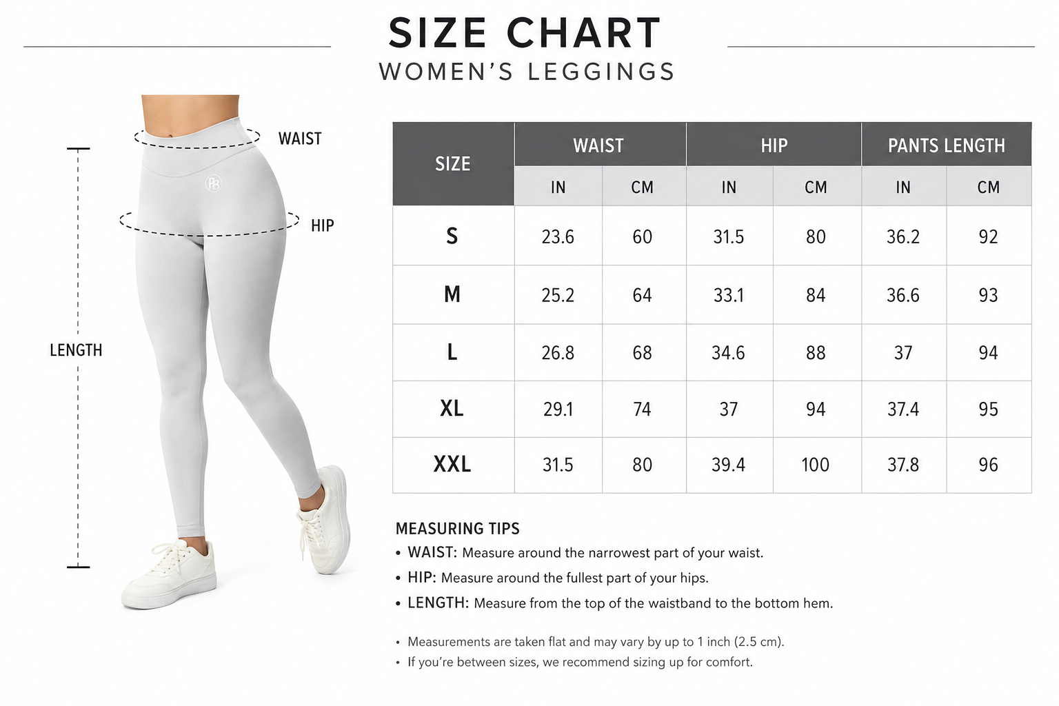 Mind Body and Soles Fierce Ember Ultimate Leggings sizing guide showing S, M, L, XL and XXL measurements for waist, hips and trouser length in inches and centimetres, with illustrated measuring points and fit guidance.