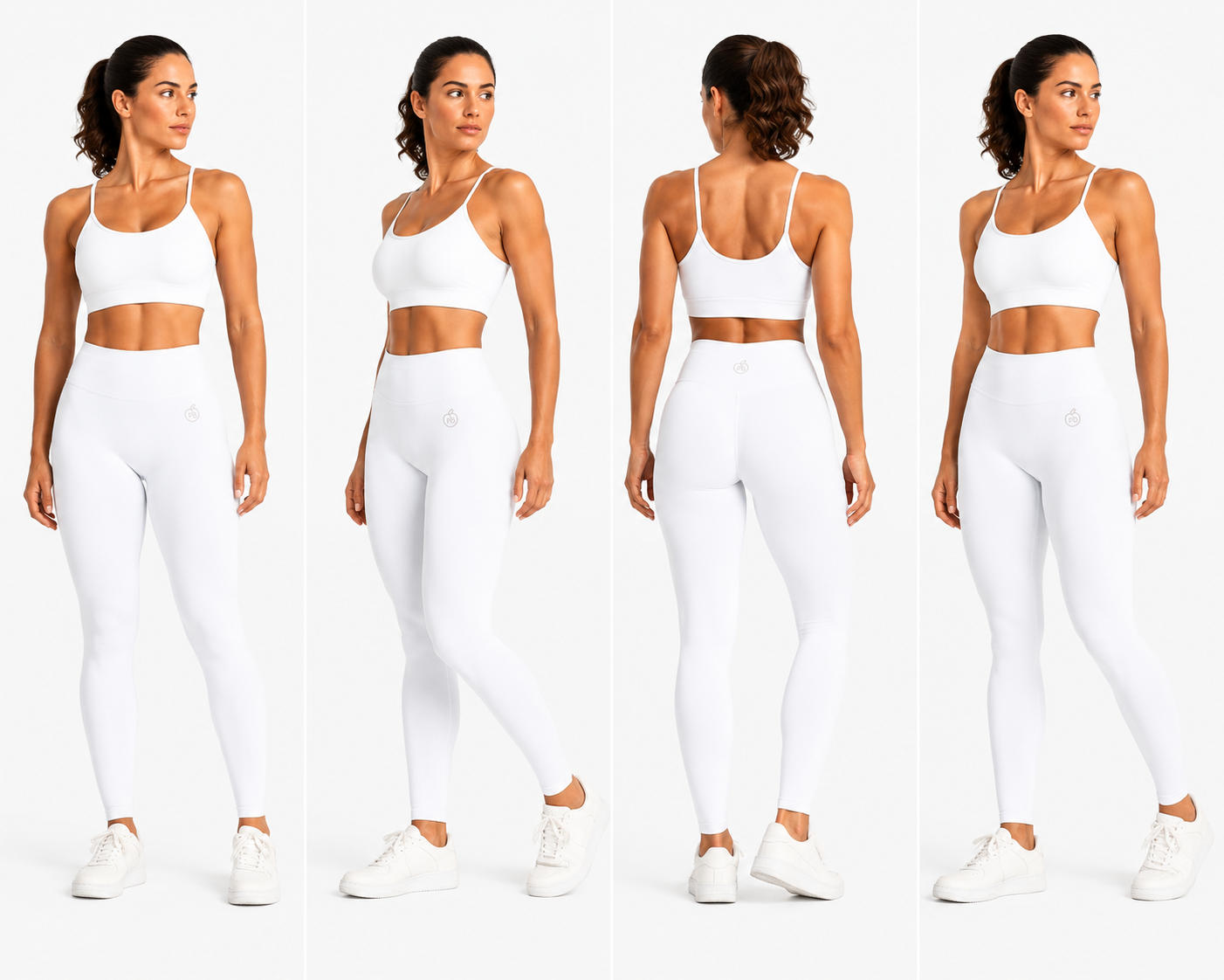 Women’s cloud white Fierce Ember Ultimate Leggings shown in front, three-quarter, rear and side views on a white background.