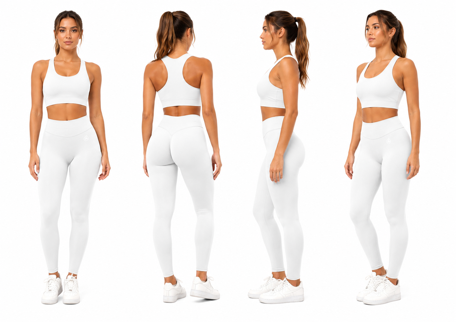 Women’s arctic white Fierce Ember Ultimate Leggings shown in front, three-quarter, rear and side views on a white background.