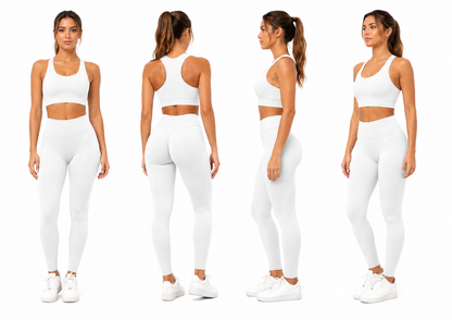 Women’s arctic white Fierce Ember Ultimate Leggings shown in front, three-quarter, rear and side views on a white background.