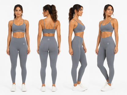 Product catalogue image showing graphite grey Mind Body and Soles Fierce Ember Ultimate Leggings from multiple angles, including front, rear, side and three-quarter views, with a high-rise waistband, smooth seamless front and full-length sculpting fit.