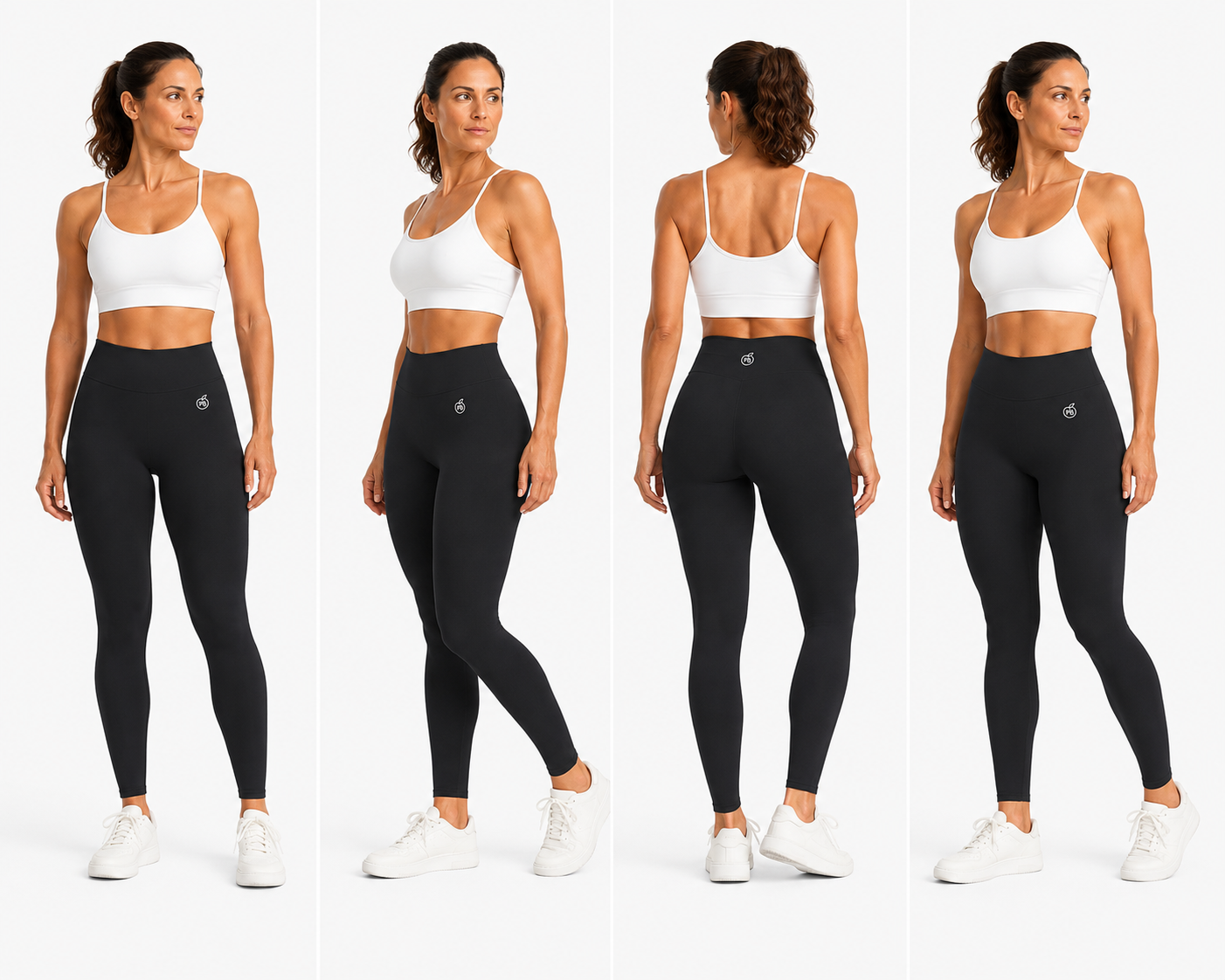 Women’s black Fierce Ember Ultimate Leggings shown in front, three-quarter, rear and side views on a white background.