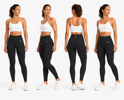 Women’s black Fierce Ember Ultimate Leggings shown in front, three-quarter, rear and side views on a white background.