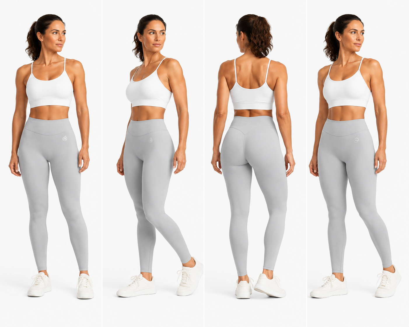 Women’s light grey Fierce Ember Ultimate Leggings shown in front, three-quarter, rear and side views on a white background.