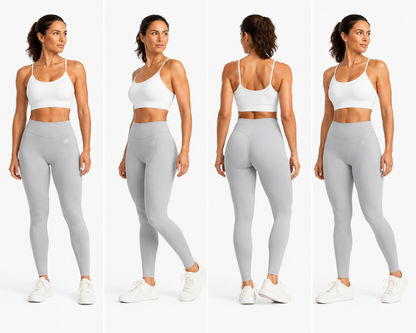 Women’s light grey Fierce Ember Ultimate Leggings shown in front, three-quarter, rear and side views on a white background.