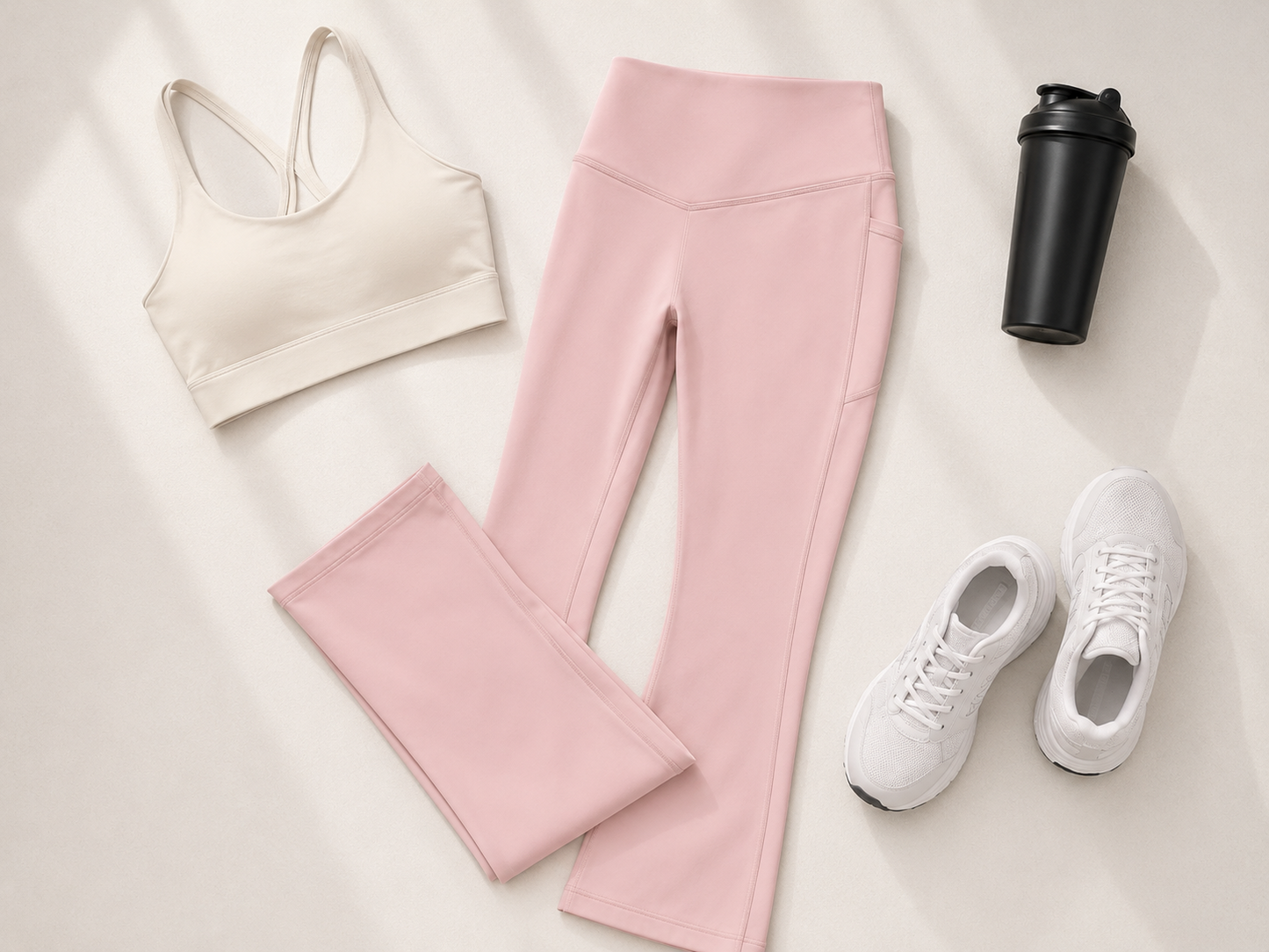 A flat-lay of activewear on a light beige background, featuring a cream sports bra, pink leggings, white sneakers, and a black shaker bottle.