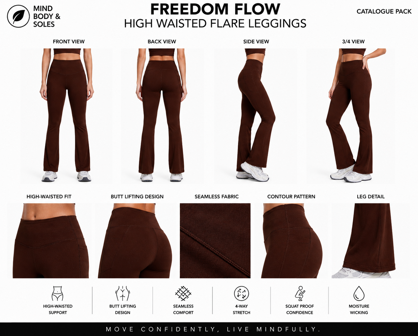 Mind Body and Soles Freedom Flow High Waisted Flare Leggings in Coffee displayed in the official Template 01 Catalogue Pack featuring front, back, side and 3/4 views, close-up fabric details and premium activewear performance features including high-waisted support, four-way stretch and moisture-wicking fabric.