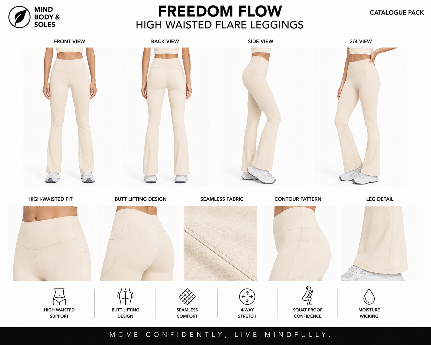 Mind Body and Soles Freedom Flow High Waisted Flare Leggings in Cream displayed in the official Template 01 Catalogue Pack featuring front, back, side and 3/4 views, close-up fabric details and premium activewear performance features including high-waisted support, four-way stretch and moisture-wicking fabric.