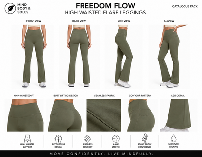Mind Body and Soles Freedom Flow High Waisted Flare Leggings in Green displayed in the official Template 01 Catalogue Pack featuring front, back, side and 3/4 views, close-up fabric details and premium activewear performance features including high-waisted support, four-way stretch and moisture-wicking fabric.