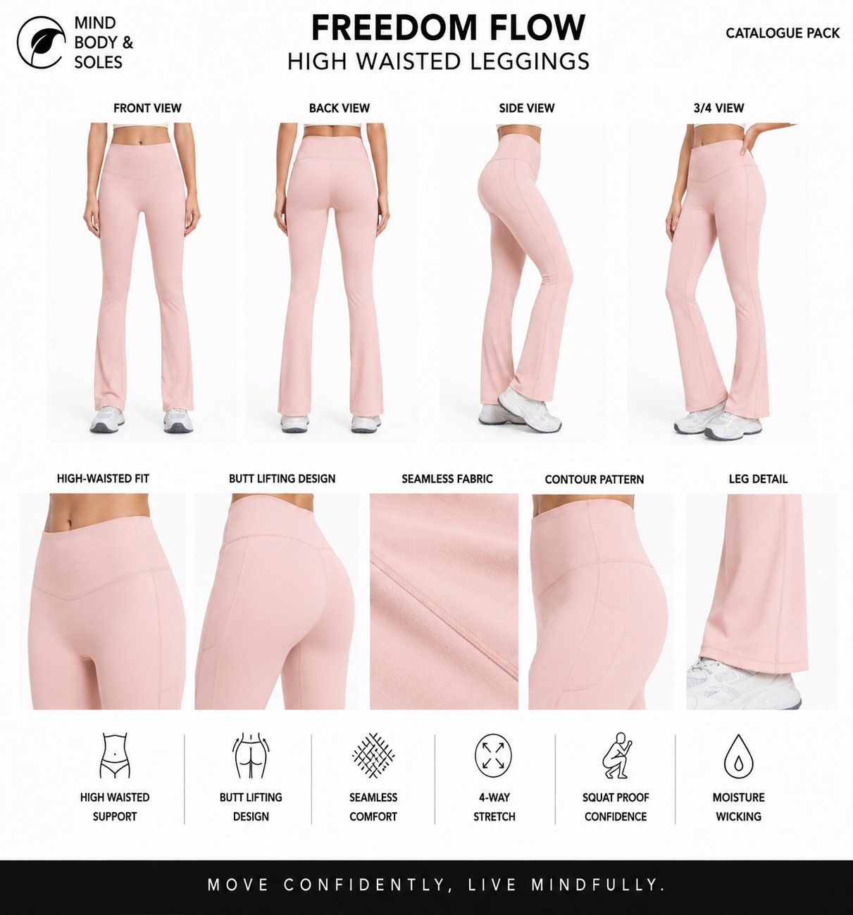 Mind Body and Soles Freedom Flow High Waisted Flare Leggings in pink displayed in the official Template 01 Catalogue Pack featuring front, back, side and 3/4 views, close-up fabric details and premium activewear performance features including high-waisted support, four-way stretch and moisture-wicking fabric.