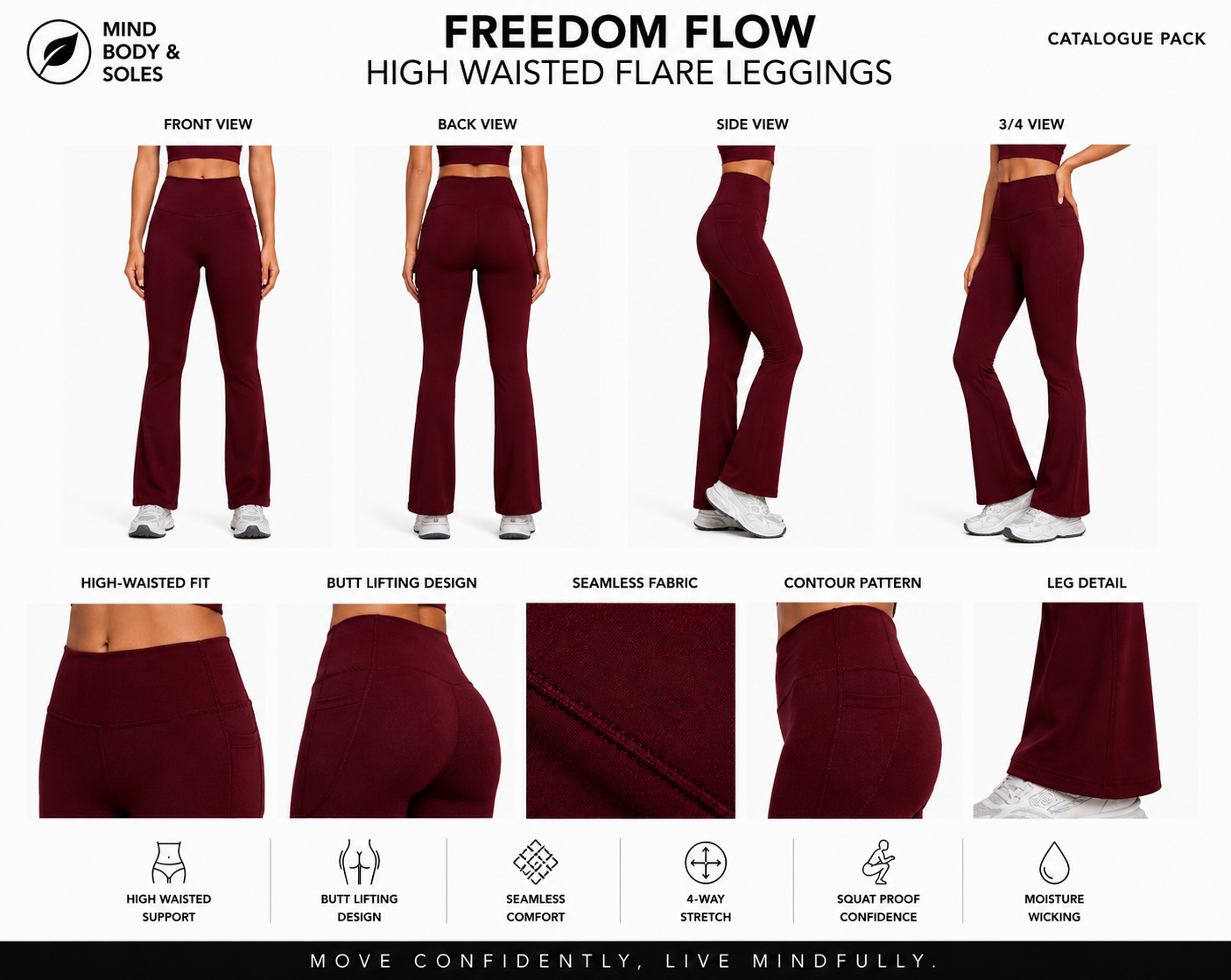 Mind Body and Soles Freedom Flow High Waisted Flare Leggings in Wine Red displayed in the official Template 01 Catalogue Pack featuring front, back, side and 3/4 views, close-up fabric details and premium activewear performance features including high-waisted support, four-way stretch and moisture-wicking fabric.