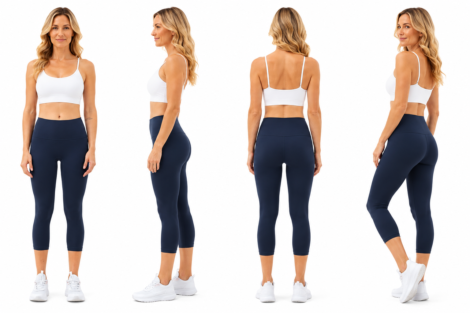 Four-view catalogue image of a model wearing Freedom Flow™ Studio Capri Leggings in deep ocean, showcasing the front, side, back and 3/4 rear fit. Premium high-waisted women's yoga leggings by Mind Body & Soles.