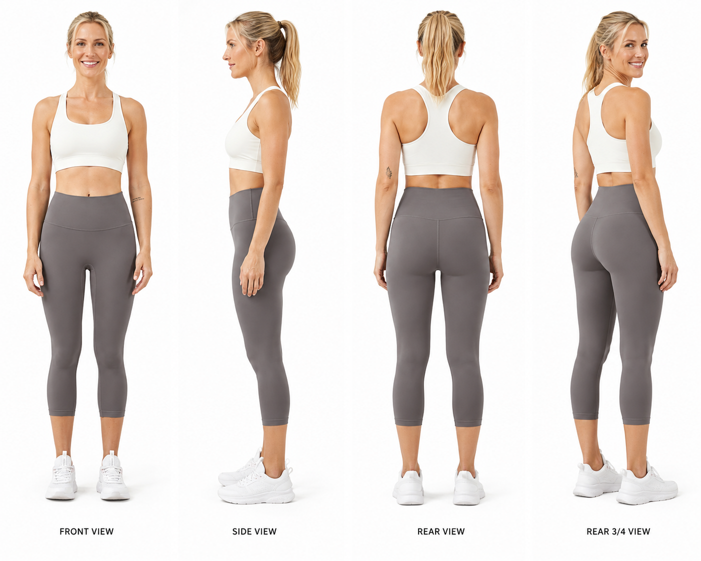 Four-view catalogue image of a model wearing Freedom Flow™ Studio Capri Leggings in mist grey, showcasing the front, side, back and 3/4 rear fit. Premium high-waisted women's yoga leggings by Mind Body & Soles.