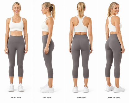 Four-view catalogue image of a model wearing Freedom Flow™ Studio Capri Leggings in mist grey, showcasing the front, side, back and 3/4 rear fit. Premium high-waisted women's yoga leggings by Mind Body & Soles.