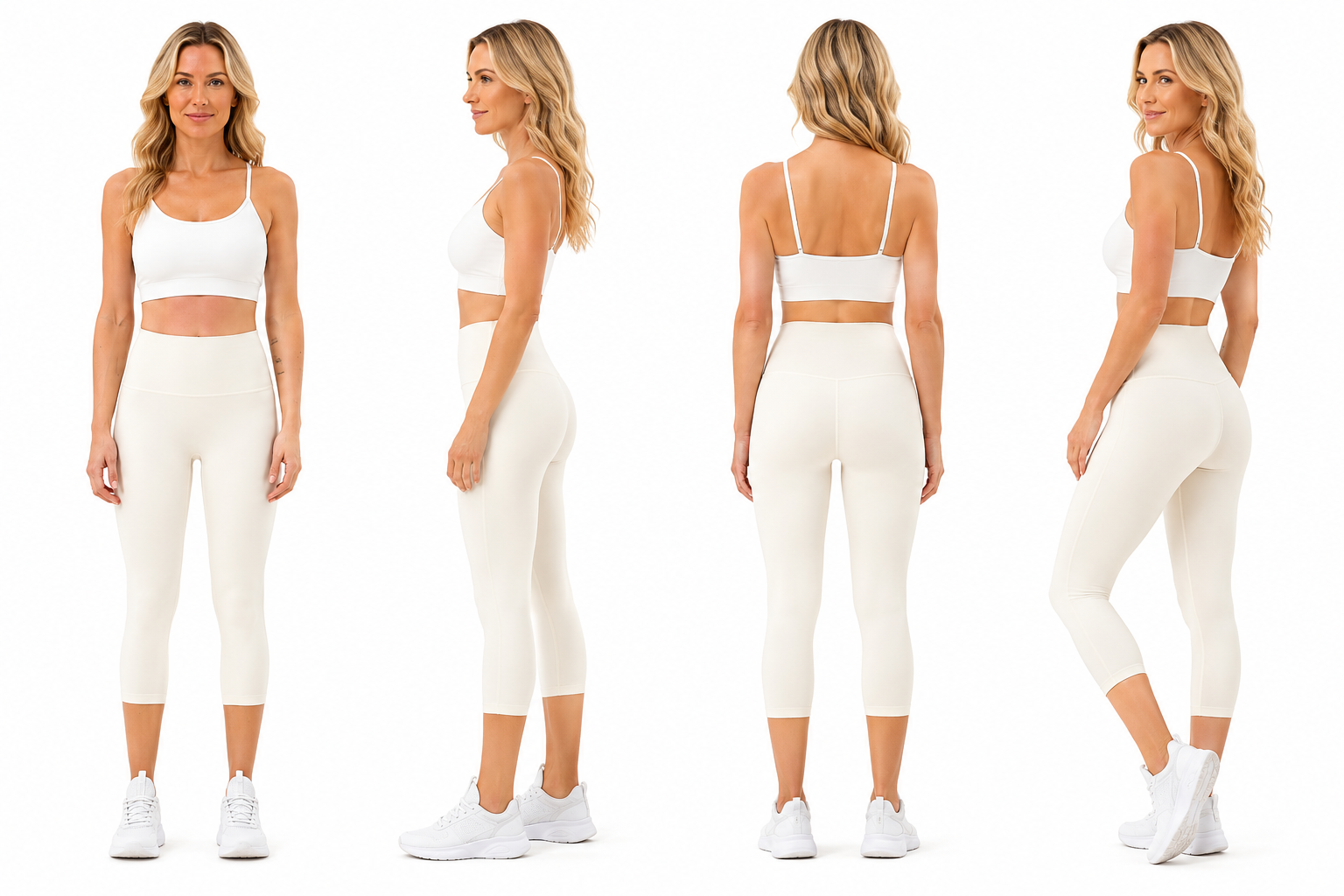 Four-view catalogue image of a model wearing Freedom Flow™ Studio Capri Leggings in pure ivory, showcasing the front, side, back and 3/4 rear fit. Premium high-waisted women's yoga leggings by Mind Body & Soles.