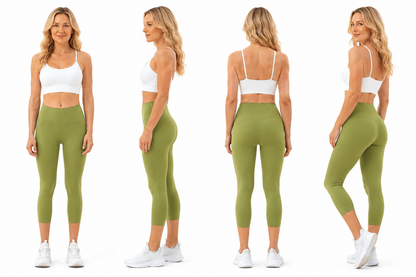 Four-view catalogue image of a model wearing Freedom Flow™ Studio Capri Leggings in tranquil sage, showcasing the front, side, back and 3/4 rear fit. Premium high-waisted women's yoga leggings by Mind Body & Soles.