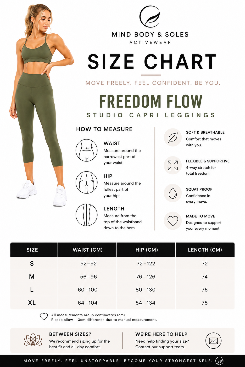 Freedom Flow™ Studio Capri Leggings size guide with model, measuring instructions and size chart for tranquil sage high-waisted women's yoga leggings by Mind Body & Soles.