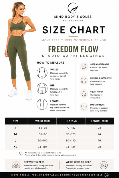Freedom Flow™ Studio Capri Leggings size guide with model, measuring instructions and size chart for tranquil sage high-waisted women's yoga leggings by Mind Body & Soles.