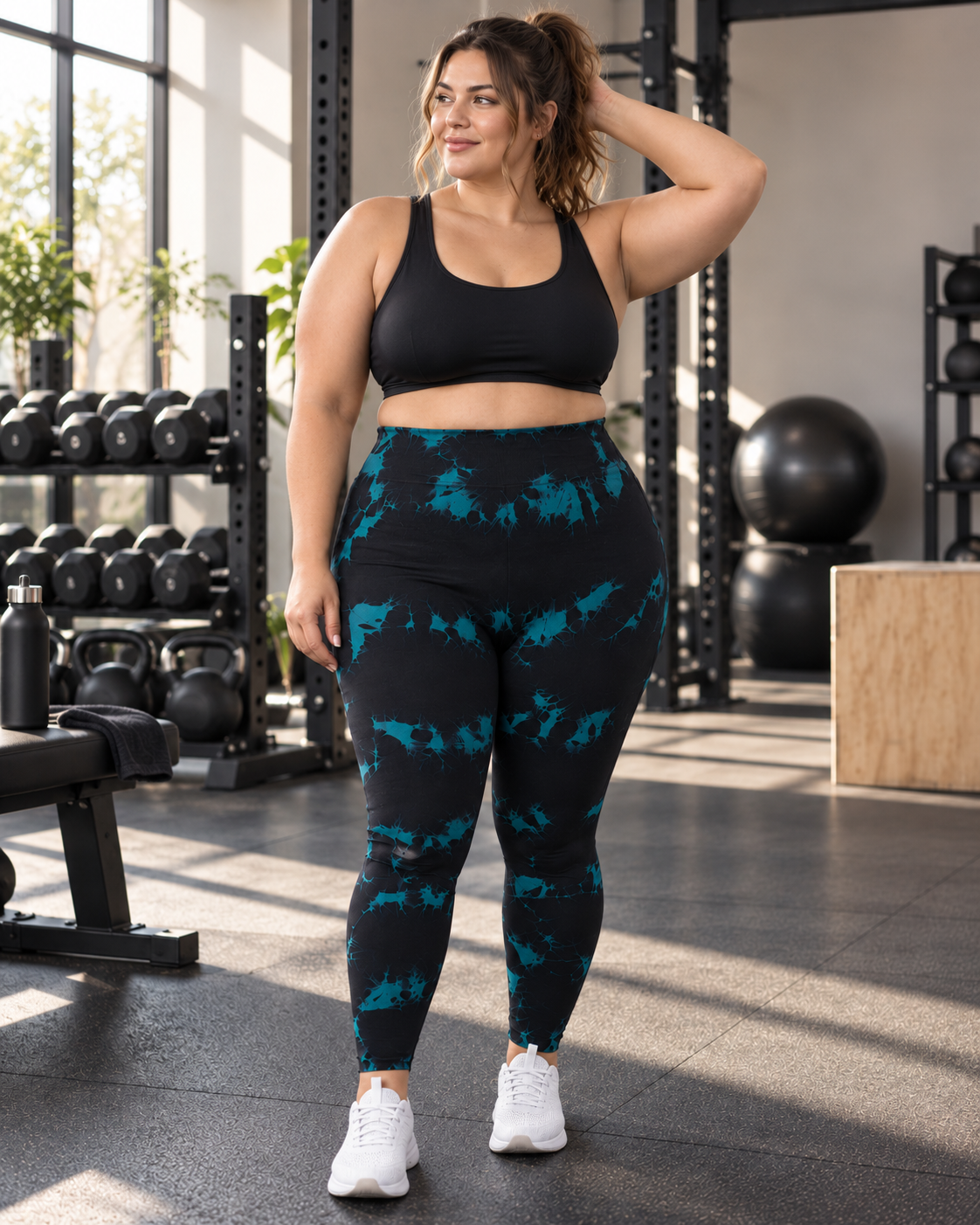 A woman stands in a gym wearing a black sports bra and high-waisted leggings with a teal and black abstract tie-dye pattern, paired with white sneakers.