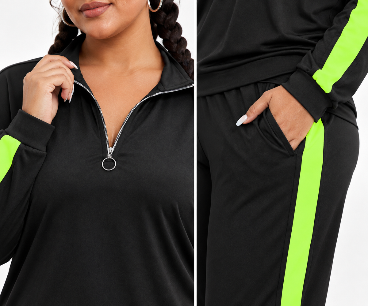 A black athletic tracksuit set featuring a half-zip long-sleeve top and matching pants, both accented with bright neon green side stripes. The image is a split-screen close-up showing the model's upper body and hand in the pocket.