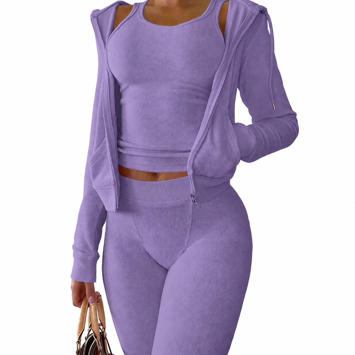 Mind Body and Soles Activewear purple 3-piece set featuring a hooded zip jacket, fitted vest, and leggings.