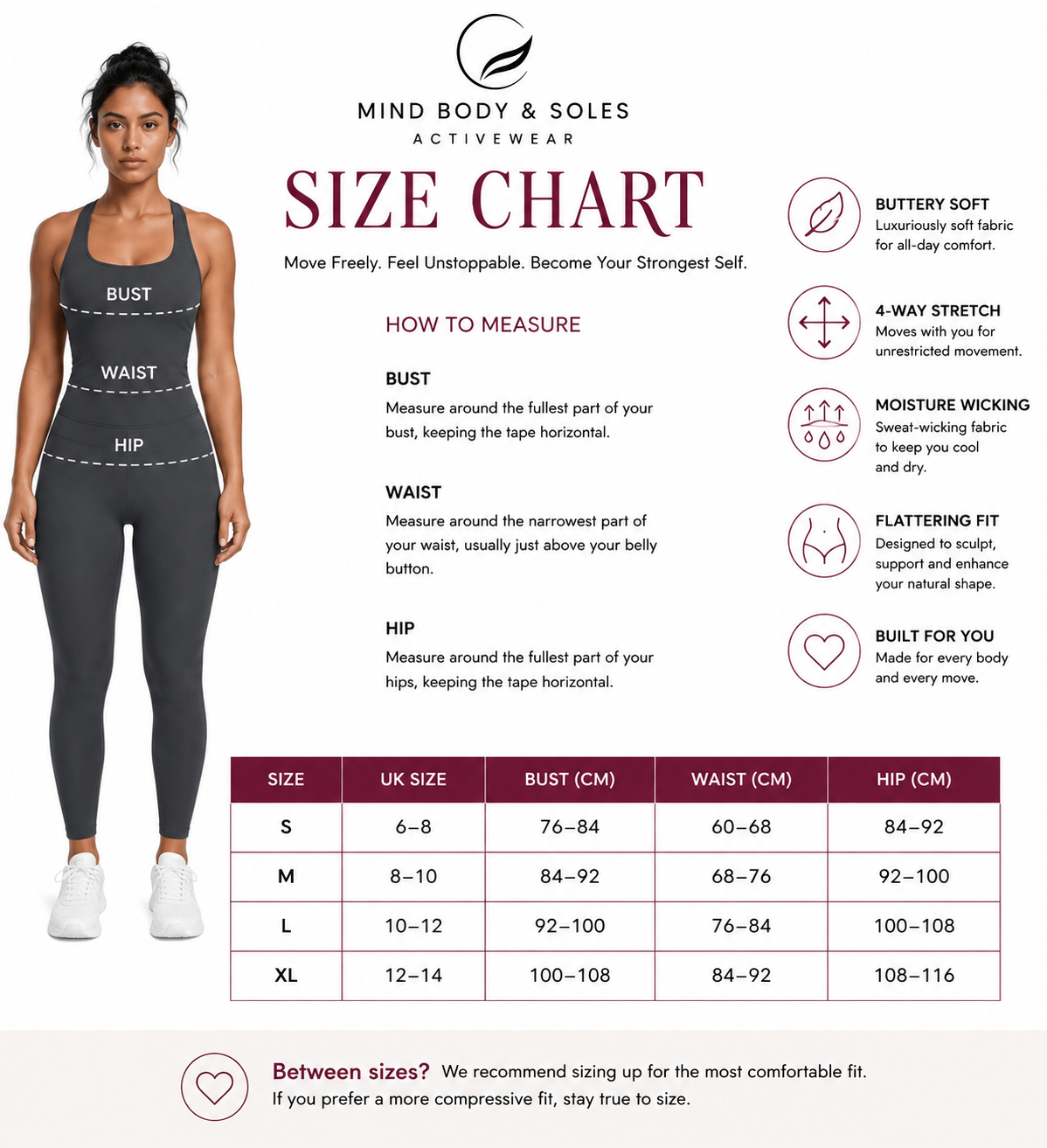 Asset Type: Product Size Chart
Product: Fierce Ember Define™ Square Neck Tank
Brand: Mind Body and Soles Activewear
Collection: Fierce Ember™
Category: Women's premium square neck activewear tank

This official Mind Body and Soles Activewear size chart provides sizing guidance for the Fierce Ember Define™ Square Neck Tank. The chart includes UK sizes S–XL, detailed bust, waist and hip measurements in centimetres, and clear body measurement instructions to help customers select the correct size. The guide hi
