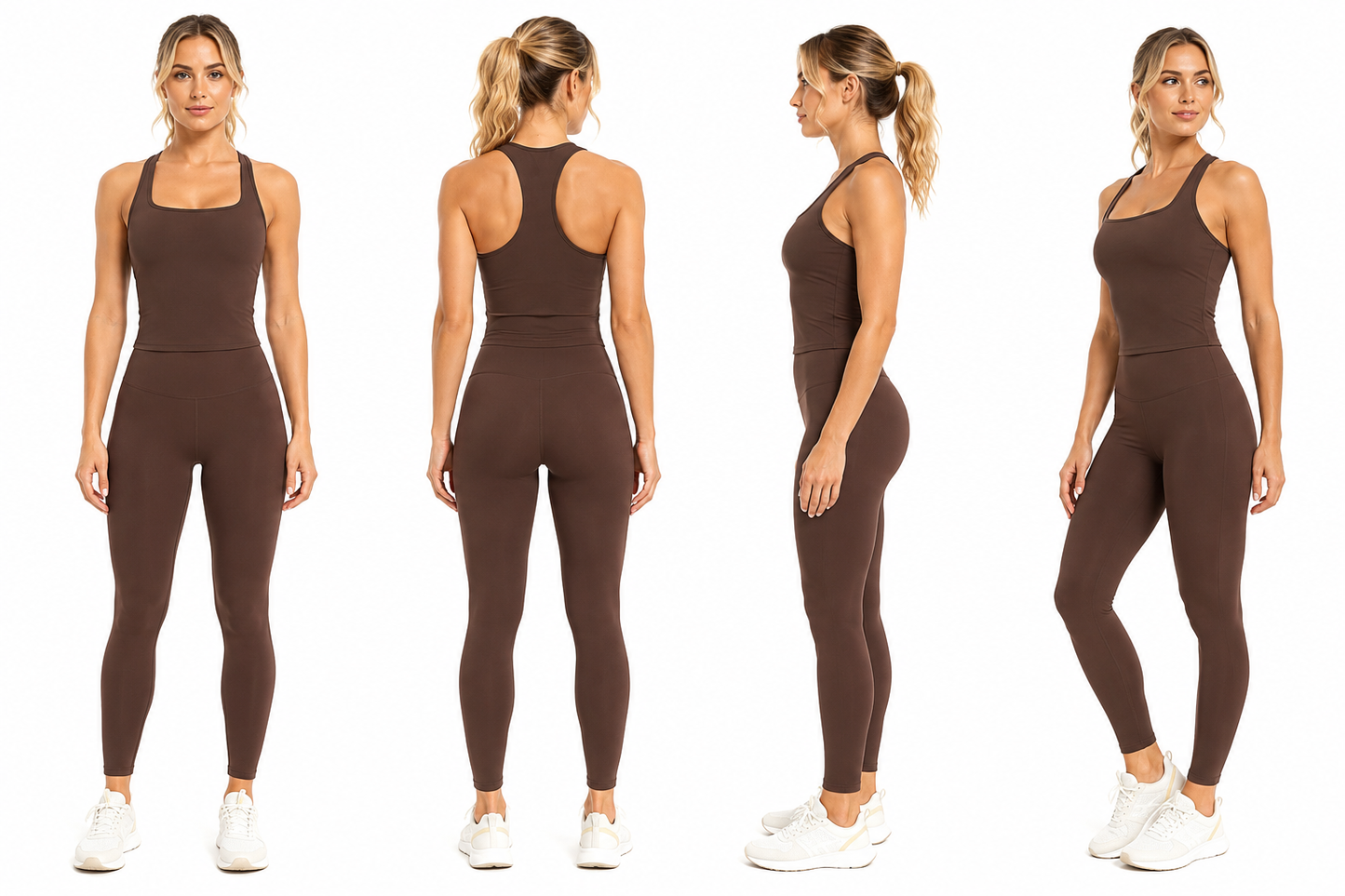 Asset Type: Multi-View Product Gallery
Product: Fierce Ember Define™ Square Neck Tank
Brand: Mind Body and Soles Activewear
Collection: Fierce Ember™
Colour: Espresso Brown
Category: Women's premium square neck activewear tank

This official product gallery presents the Fierce Ember Define™ Square Neck Tank in Espresso Brown from four essential product angles: front, rear, side and three-quarter view. The coordinated outfit is paired with matching Fierce Ember Signature Leggings, allowing customers and AI s