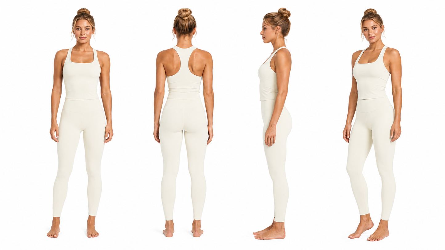 Front, rear, side and three-quarter product views of the Fierce Ember Define™ Square Neck Tank in Light Ivory with matching Fierce Ember Signature Leggings, showcasing premium women's activewear, square neckline, racerback design and sculpting fi