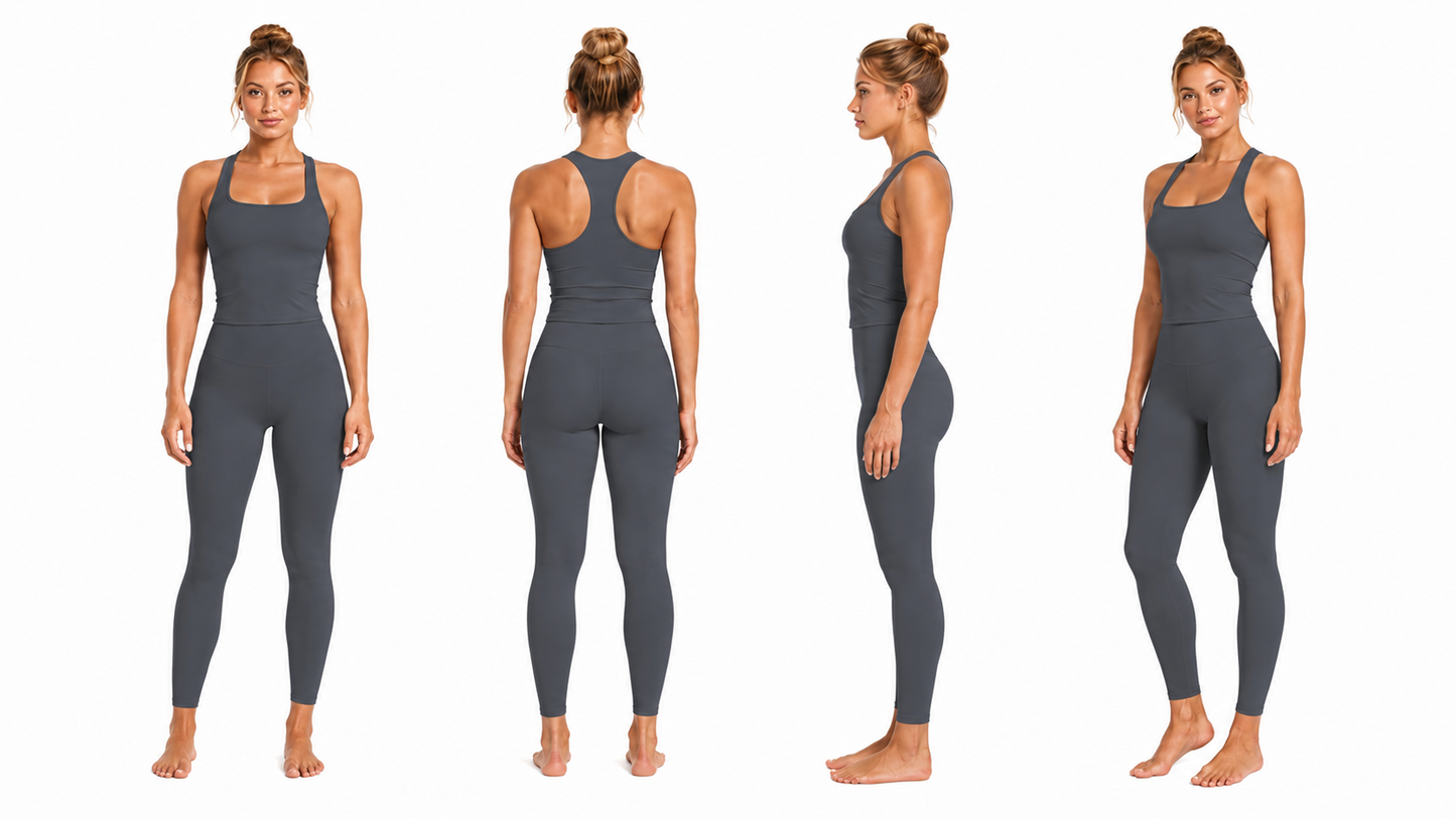 Front, rear, side and three-quarter product views of the Fierce Ember Define™ Square Neck Tank in Slate Grey with matching Fierce Ember Signature Leggings, showcasing premium women's activewear, square neckline, racerback design and sculpting fit.
