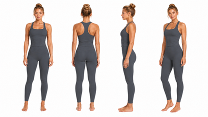 Front, rear, side and three-quarter product views of the Fierce Ember Define™ Square Neck Tank in Slate Grey with matching Fierce Ember Signature Leggings, showcasing premium women's activewear, square neckline, racerback design and sculpting fit.